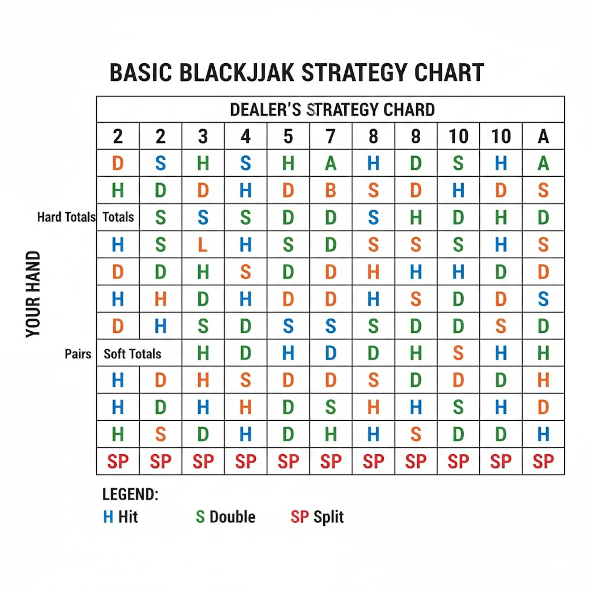 A basic. blackjack strategy chart with H/S/SP for each hand values A basic. blackjack strategy chart with H/S/SP for each hand values