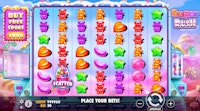 Sugar Rush slot screen with colorful candy symbols and one scatter jar.