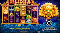 5 Lions Megaways slot showing volatility level, game mechanics, and stunning dragon backdrop.
