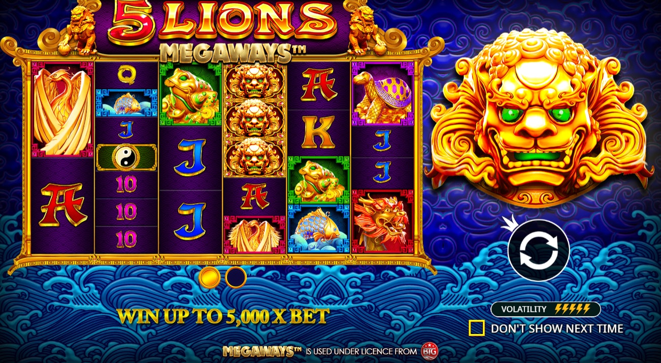 5 Lions Megaways slot showing volatility level, game mechanics, and stunning dragon backdrop. 5 Lions Megaways slot showing volatility level, game mechanics, and stunning dragon backdrop.