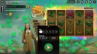 9 Pots of Gold Streamicon slot interface showing 5-spin selection, bet value, and mushroom wilds.