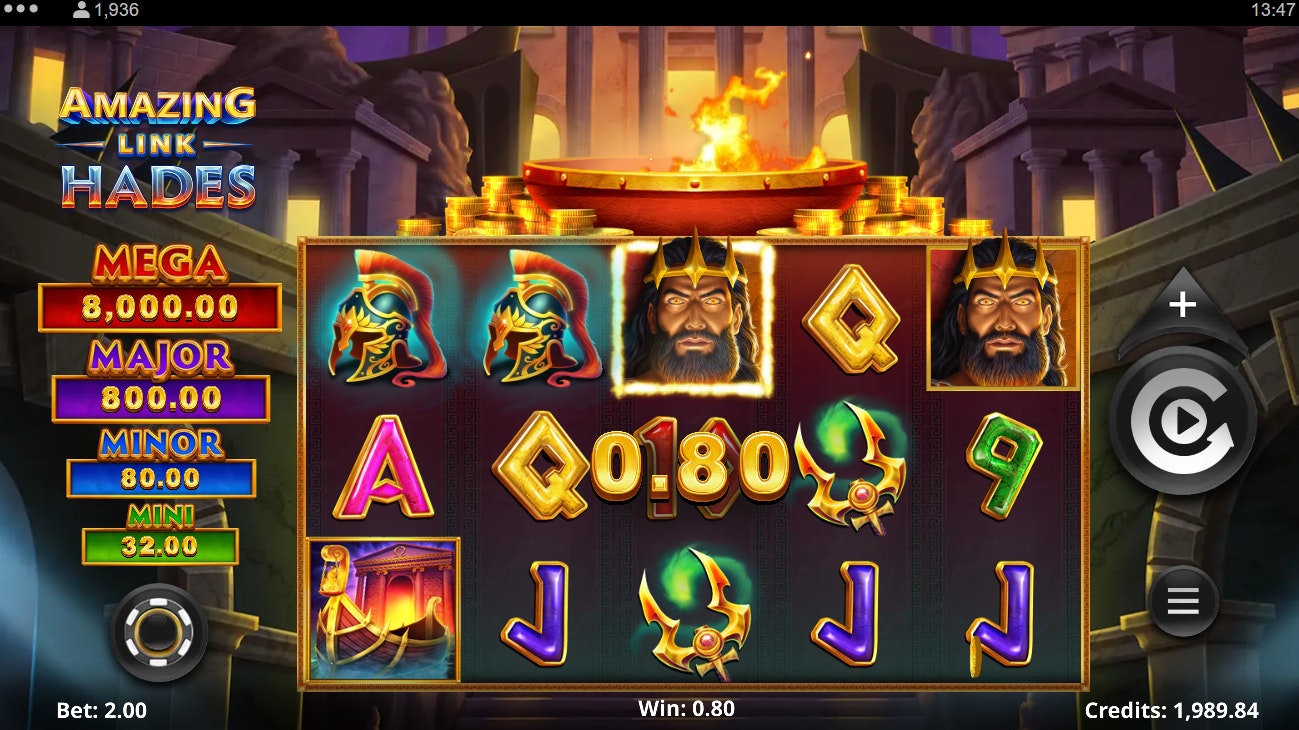 Amazing Link Hades slot game with a win of $0.80 and Greek warrior helmets on reels. Amazing Link Hades slot game with a win of $0.80 and Greek warrior helmets on reels.