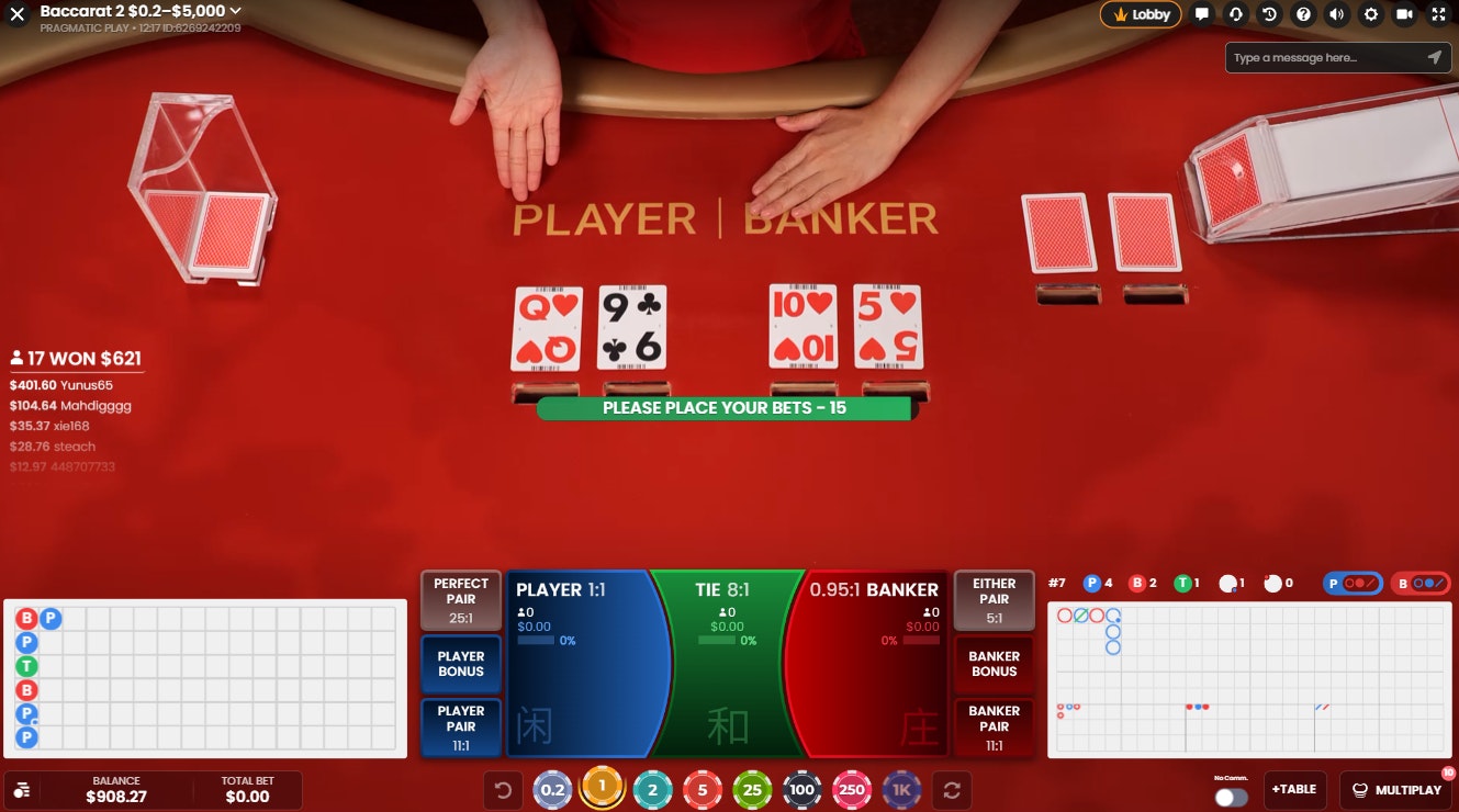Baccarat 2 game screen showing winning hand, bet options, and payout leaderboard. Baccarat 2 game screen showing winning hand, bet options, and payout leaderboard.