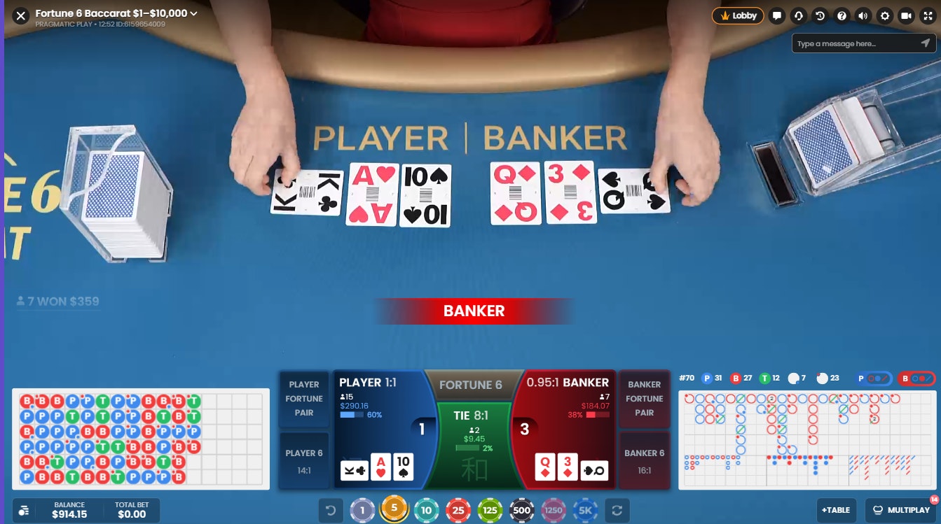 Baccarat 6 result screen showing Q-3-Q banker win over A-10-K player hand Baccarat 6 result screen showing Q-3-Q banker win over A-10-K player hand