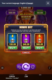 Blazing Bison Bonus Buy feature showing blue, purple, and red bonus options with price tags.