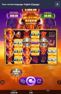 Blazing Bison Gold Blitz slot showing multiple bison symbols and coin prizes.