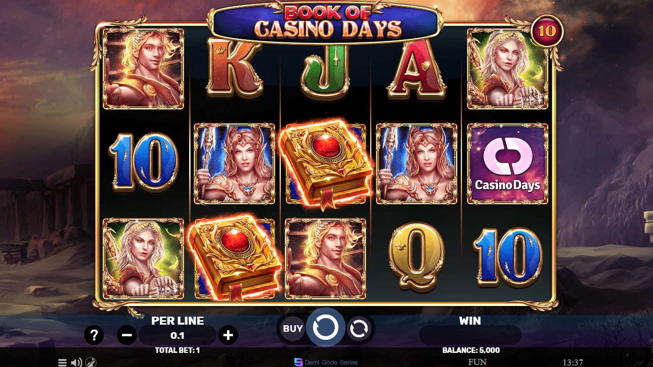Book of Casino Days slot featuring glowing golden book symbols, female warrior reels, and total bet of 1. Book of Casino Days slot featuring glowing golden book symbols, female warrior reels, and total bet of 1.