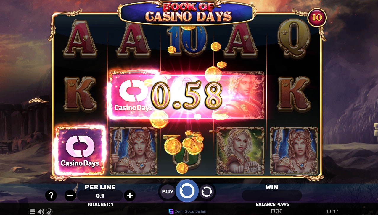 Book of Casino Days slot screen showing a win and a 0.58 payout. Book of Casino Days slot screen showing a win and a 0.58 payout.