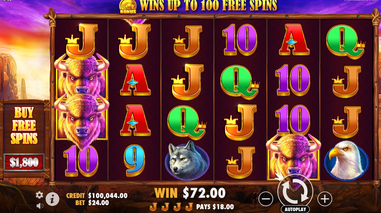 Buffalo slot machine showing big win, stacked J symbols, wolf, eagle, and $72 total payout. Buffalo slot machine showing big win, stacked J symbols, wolf, eagle, and $72 total payout.