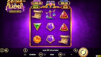 oins of Alkemor slot reels showing gems, scrolls and golden scale on purple screen.