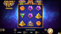 Coins of Ra slot reels showing pyramids, gems, Eye of Ra, and jackpot prizes.