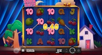Dork Unit slot win line featuring five pink 10 symbols and €0.40 win value shown.