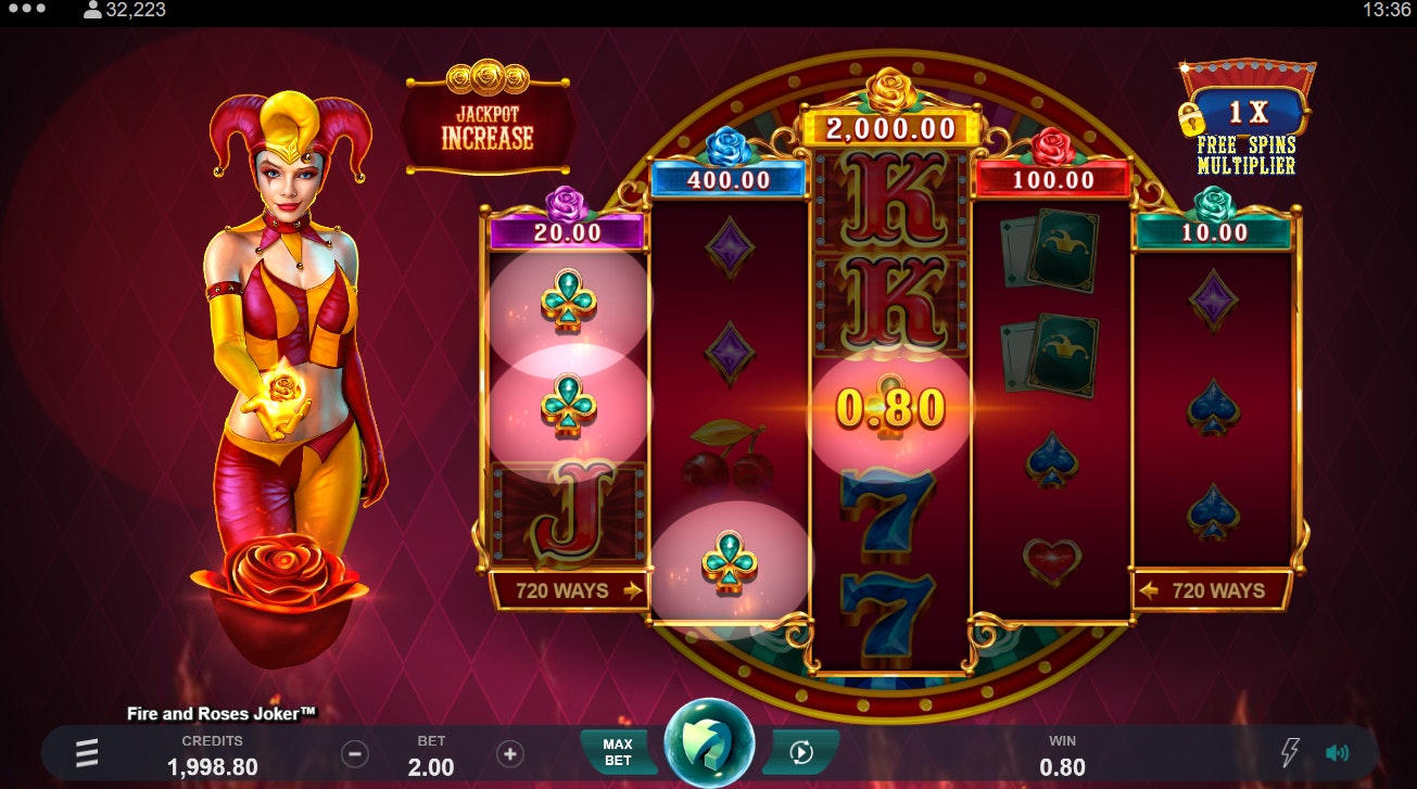 Fire and Roses Joker win screen showing glowing reels and a 0.80 payout. Fire and Roses Joker win screen showing glowing reels and a 0.80 payout.