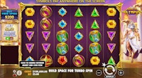 Gates of Olympus slot screen with Greek god, jewels, and payout symbols.