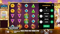 Gates of Olympus 1000 slot screen with Zeus, gems, and total bet selection.