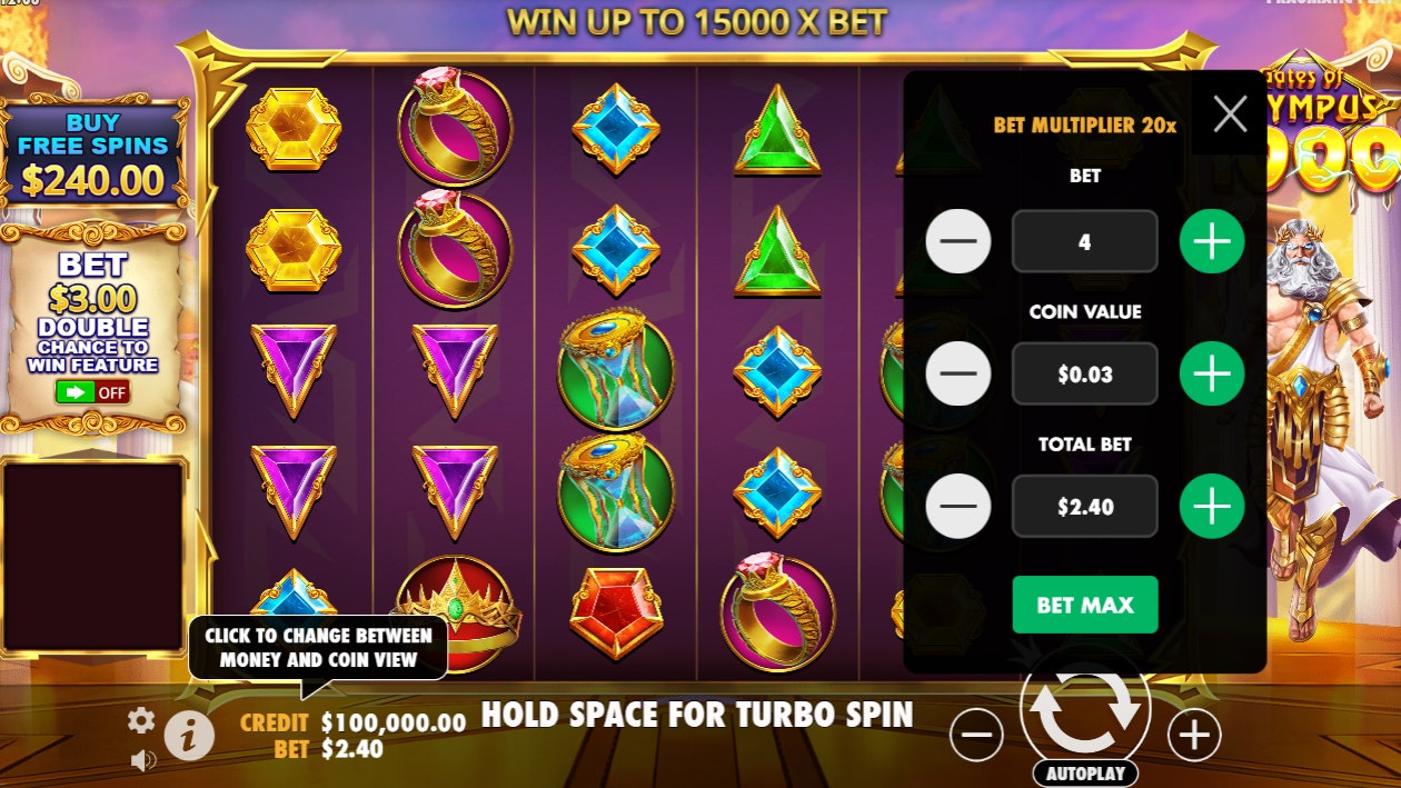Gates of Olympus 1000 slot screen with Zeus, gems, and total bet selection. Gates of Olympus 1000 slot screen with Zeus, gems, and total bet selection.