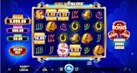 Gold Blitz slot machine showing bonus symbols, payout tiles, and active spin controls.
