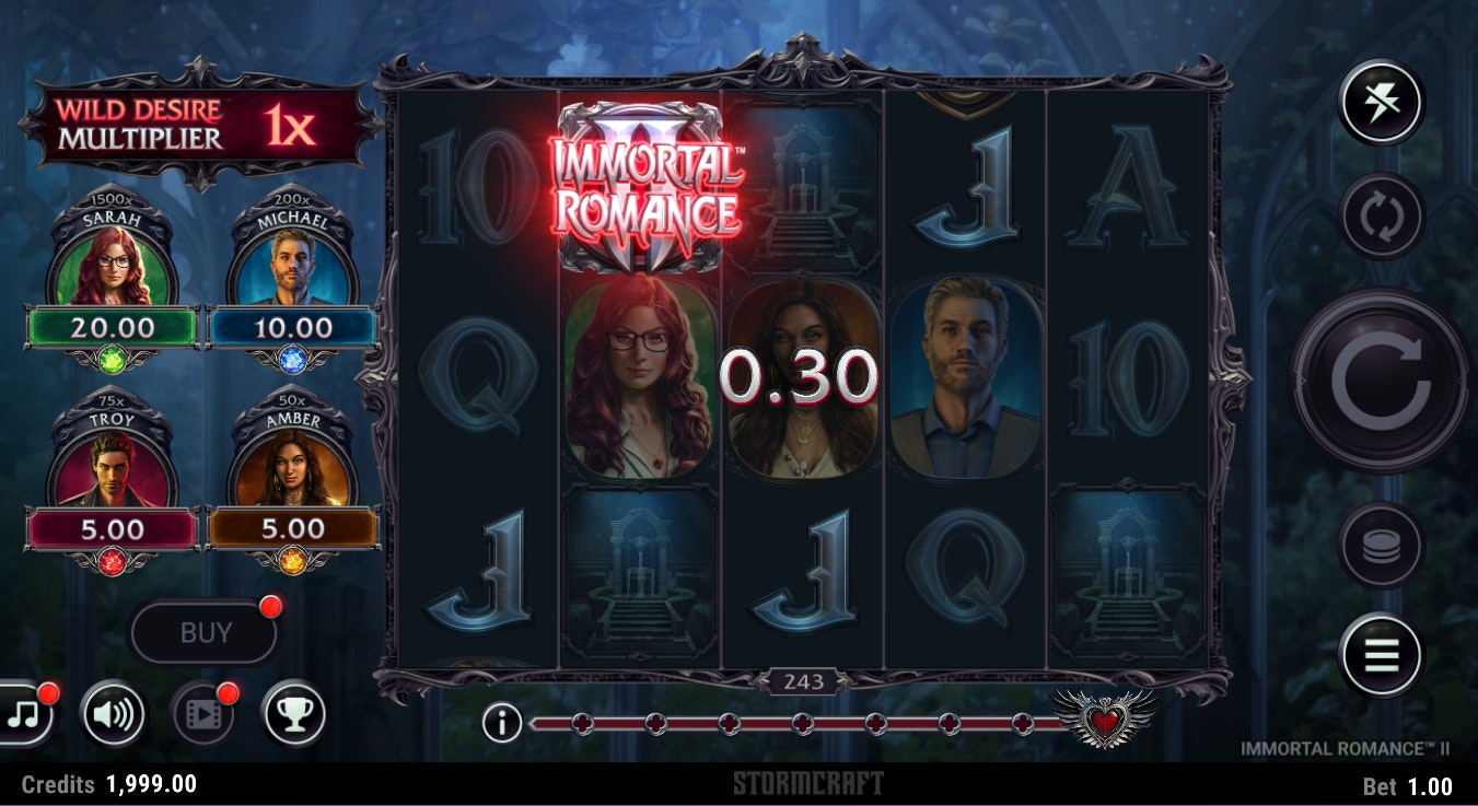 Immortal Romance 2 slot spin with 0.30 win and Wild Desire Multiplier at 1x active. Immortal Romance 2 slot spin with 0.30 win and Wild Desire Multiplier at 1x active.