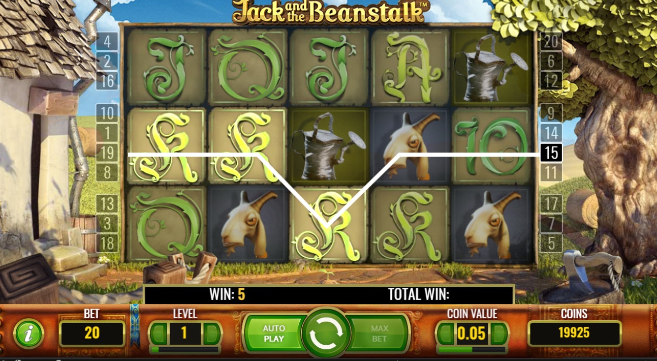 Slot game Jack and the Beanstalk displays a win with goat and watering can icons. Slot game Jack and the Beanstalk displays a win with goat and watering can icons.