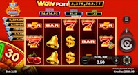  9 Blazing Diamonds Wowpot slot with flaming 7s, gold bells, and progressive jackpot