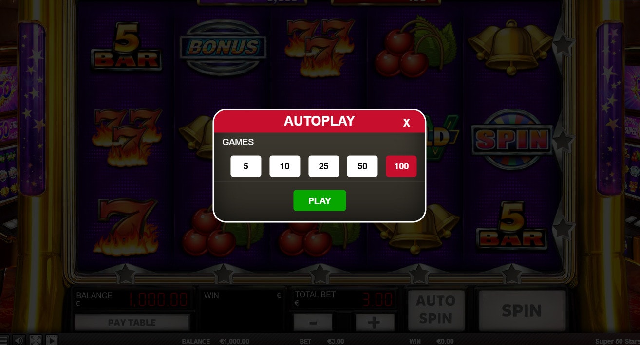 Super 50 stars slot autoplay menu with game count options from 5 to 100 over Super Stars reels. Super 50 stars slot autoplay menu with game count options from 5 to 100 over Super Stars reels.