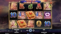 Book of Casino Days slot featuring glowing golden book symbols, female warrior reels, and total bet of 1.