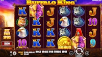 Buffalo slot machine showing big win, stacked J symbols, wolf, eagle, and $72 total payout.
