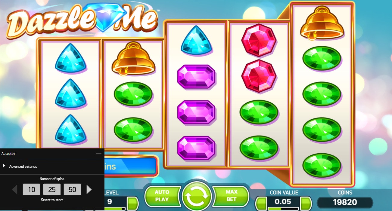 Dazzle Me slot game showing autoplay menu, dazzling symbols, and level 9 bet settings. Dazzle Me slot game showing autoplay menu, dazzling symbols, and level 9 bet settings.