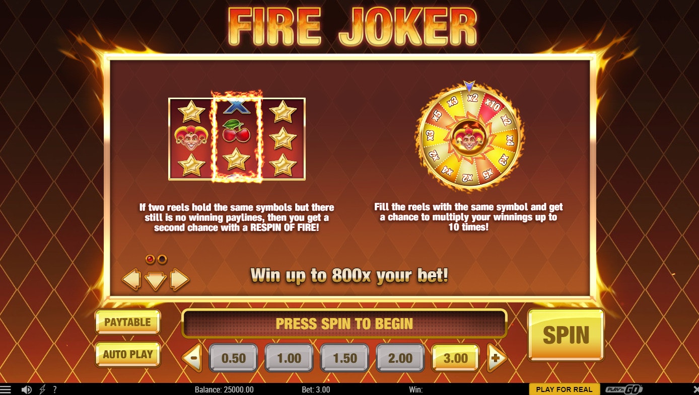 Fire Joker slot explains respin and multiplier up to 10x for matching reels. Fire Joker slot explains respin and multiplier up to 10x for matching reels.