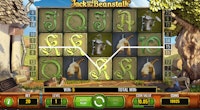 Slot game Jack and the Beanstalk displays a win with goat and watering can icons.