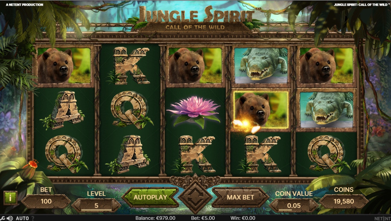 Jungle Spirit slot showing bear, crocodile, and lotus symbols across five reels. Jungle Spirit slot showing bear, crocodile, and lotus symbols across five reels.