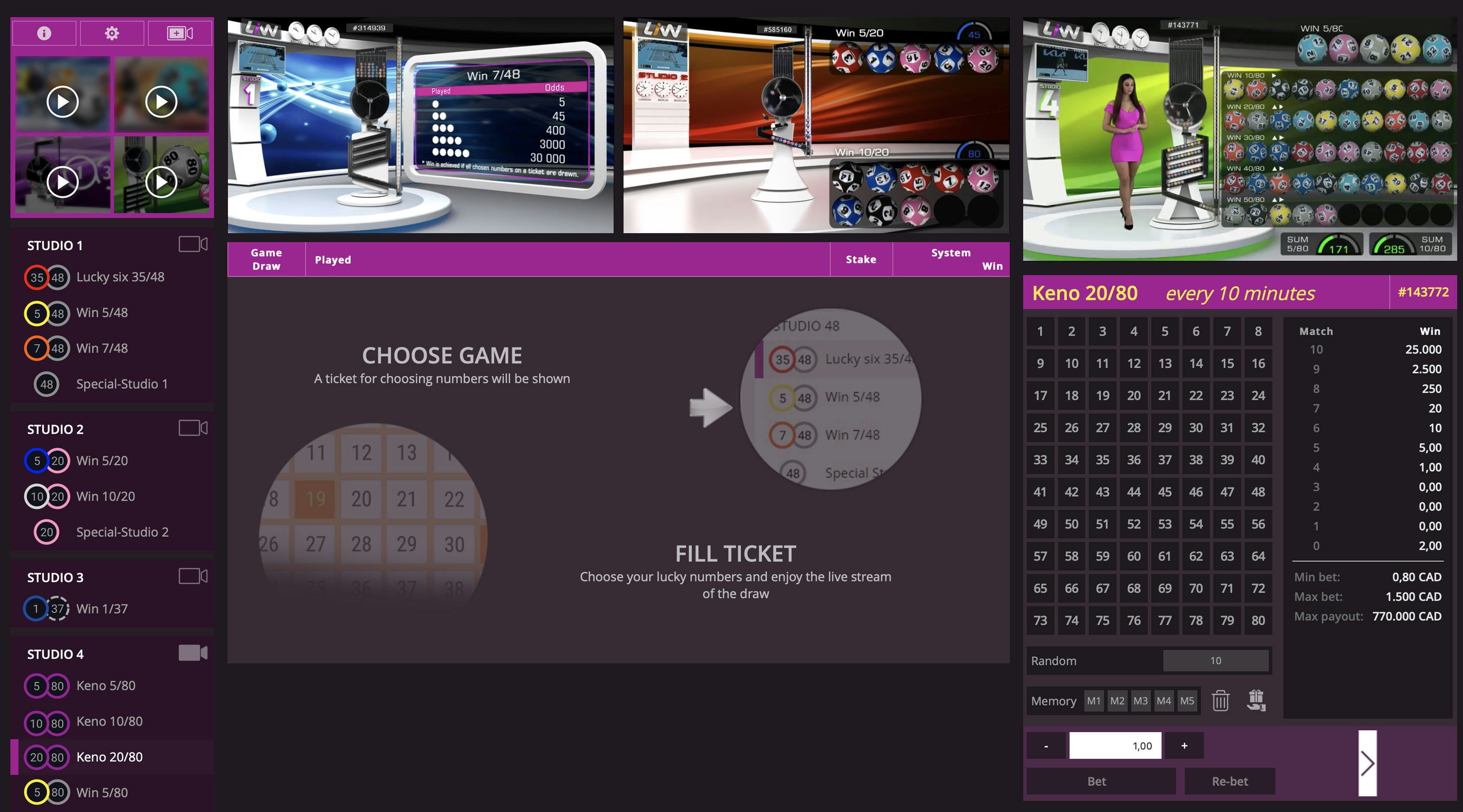 Keno 20/80 online lottery game showing number selection grid Keno 20/80 online lottery game showing number selection grid