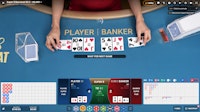 Super 8 live baccarat game  showing player and banker hands with scoreboard