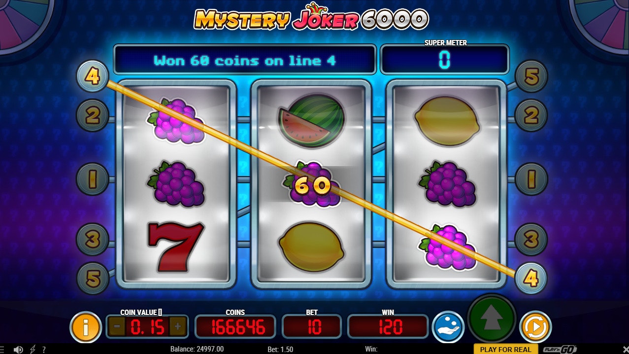 Mystery Mystery Joker 6000 slot screen displaying three matching grape symbols on a diagonal payline. slot interface Mystery Mystery Joker 6000 slot screen displaying three matching grape symbols on a diagonal payline. slot interface