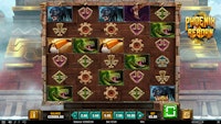 Phoenix Reborn slot reels with serpent, toucan, and panther icons on Aztec stone tiles.