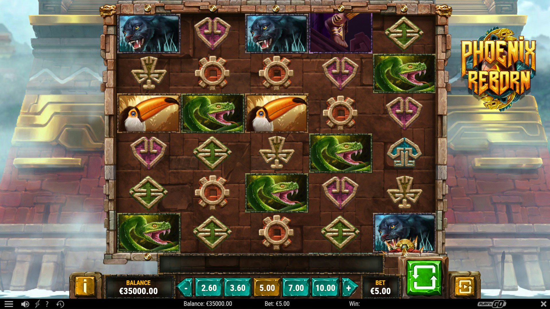 Phoenix Reborn slot reels with serpent, toucan, and panther icons on Aztec stone tiles. Phoenix Reborn slot reels with serpent, toucan, and panther icons on Aztec stone tiles.