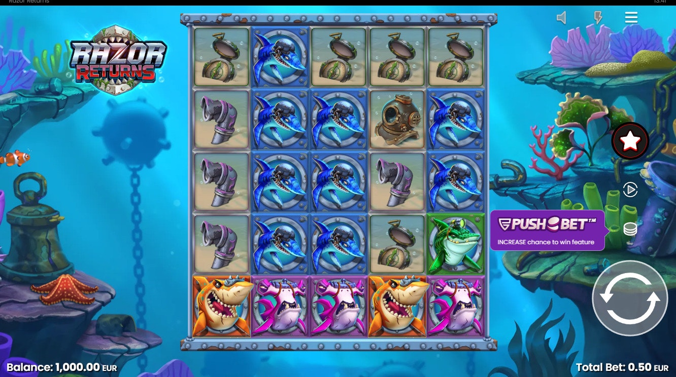 Razor Returns slot showing wild shark symbols and a win of 0.90 EUR. Razor Returns slot showing wild shark symbols and a win of 0.90 EUR.