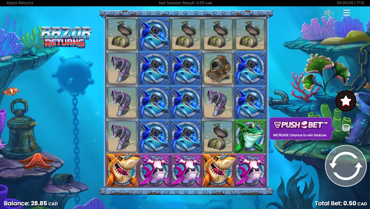 Razor Returns online slot featuring intense underwater visuals and Push Bet mechanics. Razor Returns online slot featuring intense underwater visuals and Push Bet mechanics.