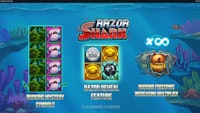 Razor Shark slot displays features: nudging wilds, reveal coins, and free spins bonus.