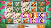 Sakura Fortune slot showing character symbols and €1.00 win.