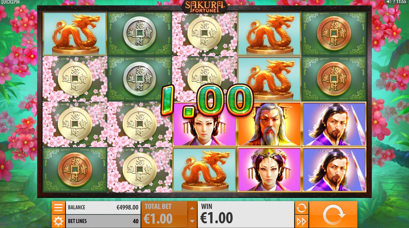 Sakura Fortune slot showing character symbols and €1.00 win. Sakura Fortune slot showing character symbols and €1.00 win.