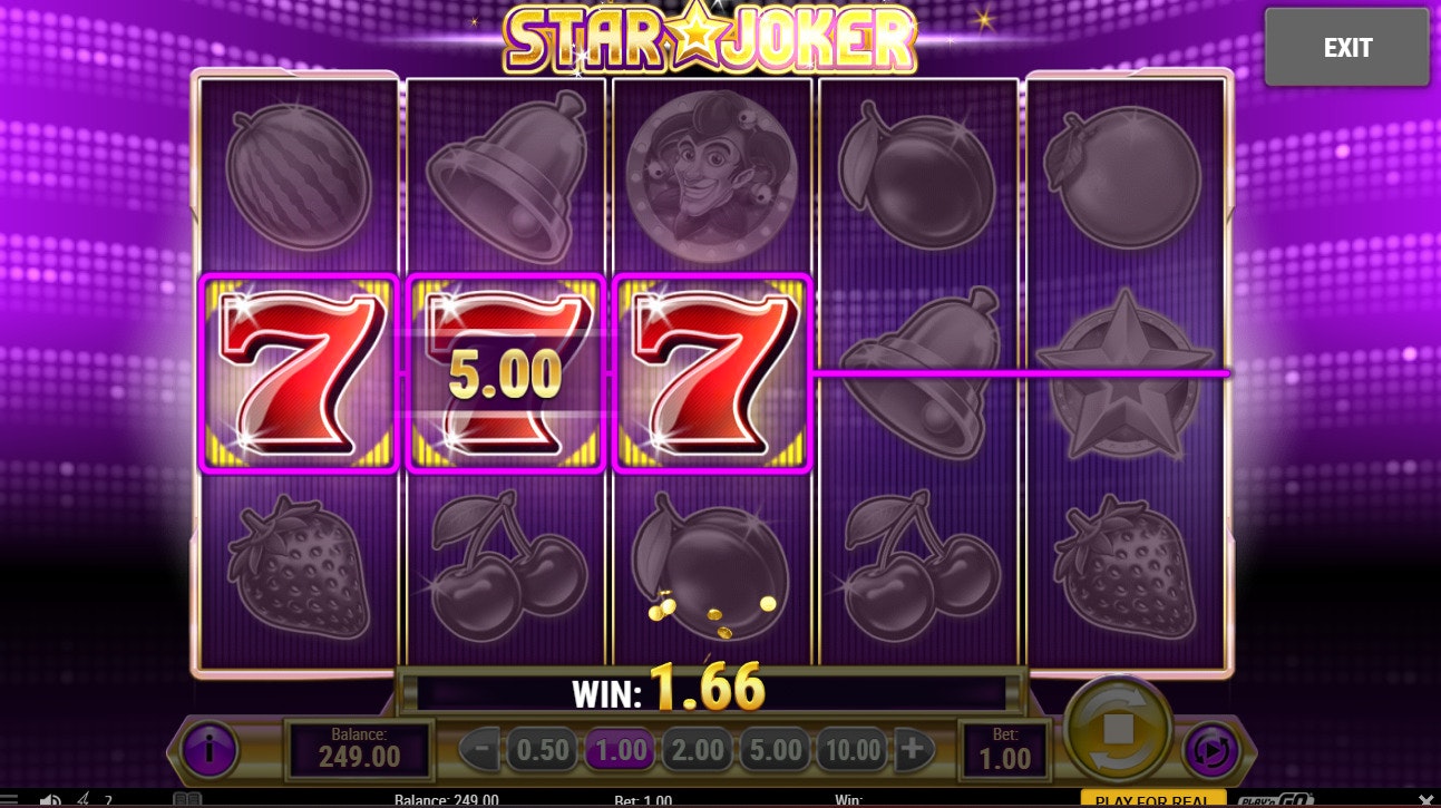 Star Joker slot reels show 3 red 7s on win line, €5.00 coin, and win of €1.66. Star Joker slot reels show 3 red 7s on win line, €5.00 coin, and win of €1.66.