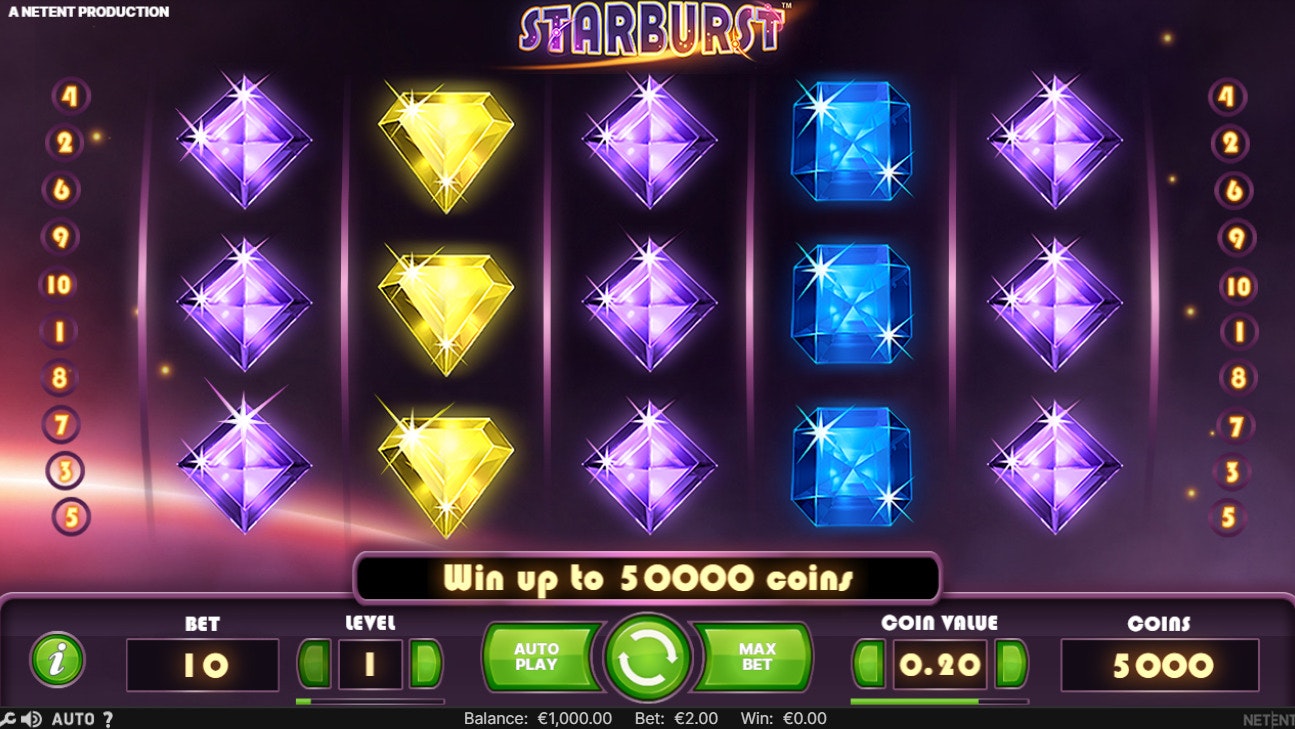 Starburst game screen showing sparkling diamonds and classic arcade-style interface. Starburst game screen showing sparkling diamonds and classic arcade-style interface.