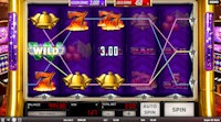Super 50 Stars slot game with bonus symbol, fiery 7s, bells, bars and cherries on purple reels.