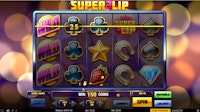 Super Flip slot win with 3 stacked wilds on reel 1, 150 coins won, and 19 active lines.