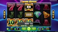 Twin Spin slot game shows winning line of 10s, BAR and diamond symbols