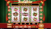 Online slot Xmas Joker screen showing a line 4 win of €30.00 with three holly ornament symbols.
