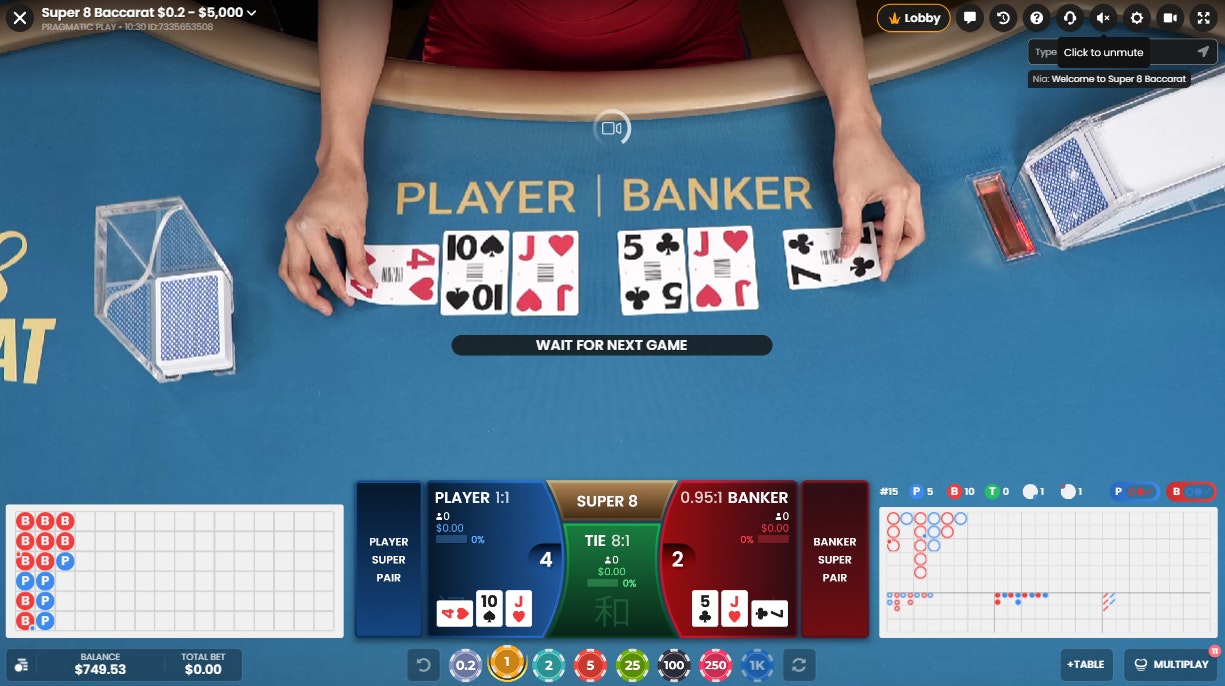 Super 8 live baccarat game showing player and banker hands with scoreboard Super 8 live baccarat game showing player and banker hands with scoreboard