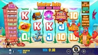 Lobster Bob’s Crazy Crab Shack slot reels showing wild crab symbol and Free Spins wheel.