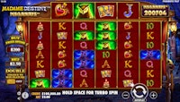 Madame Destiny slot screen with 6 reels and mystical symbols.
